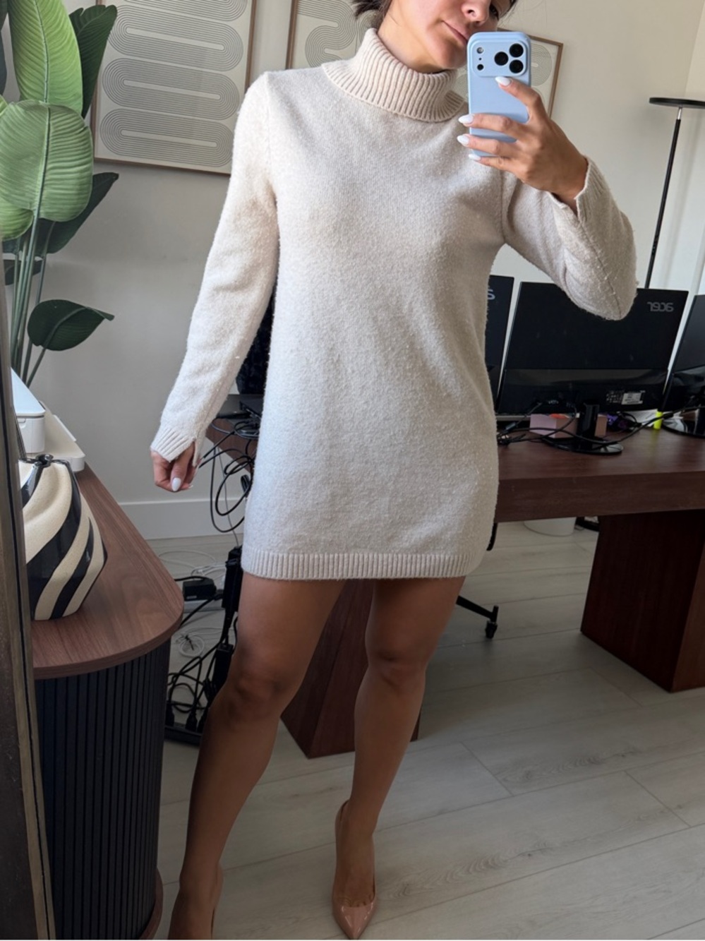 Zara Cream Turtleneck Long-Sleeve Sweater Dress